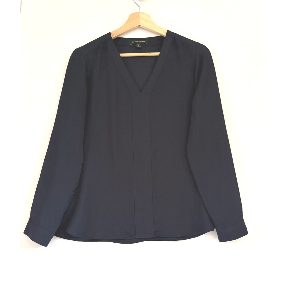 Banana Republic Navy‎ V-Neck Long Sleeve Classic Blouse Petite Small Office